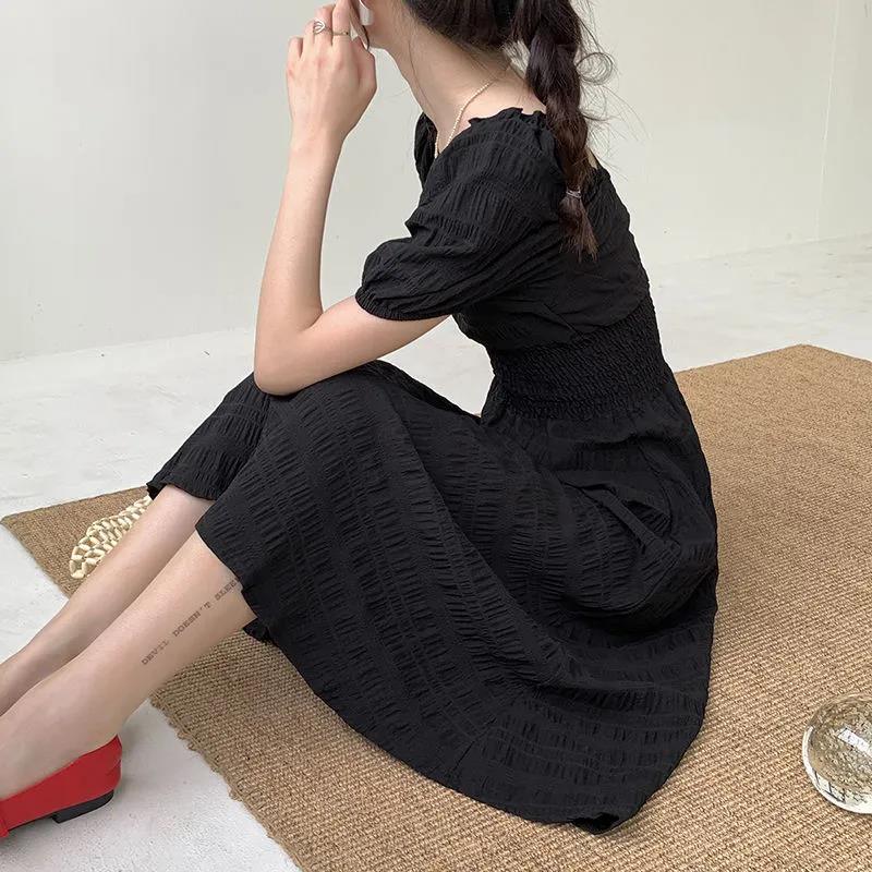 Women's Summer Puff Sleeve Dress Solid Color Chiffon Slim V-neck Long Skirt