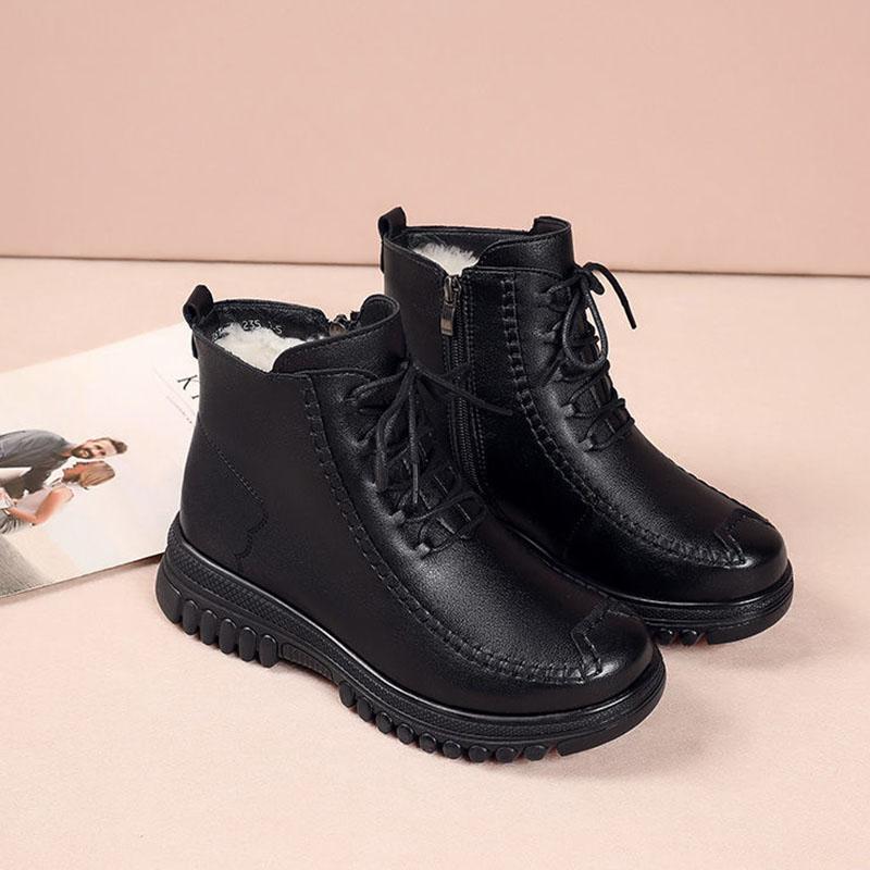 Short Boots Plus Velvet Winter Flat Non-slip Soft Leather Cotton Shoes Martin Boots Warm Sports Shoes Leather Shoes Waterproof