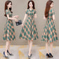 Women's Summer Plaid Dress Large Size Loose V-Neck A-Line Skirt