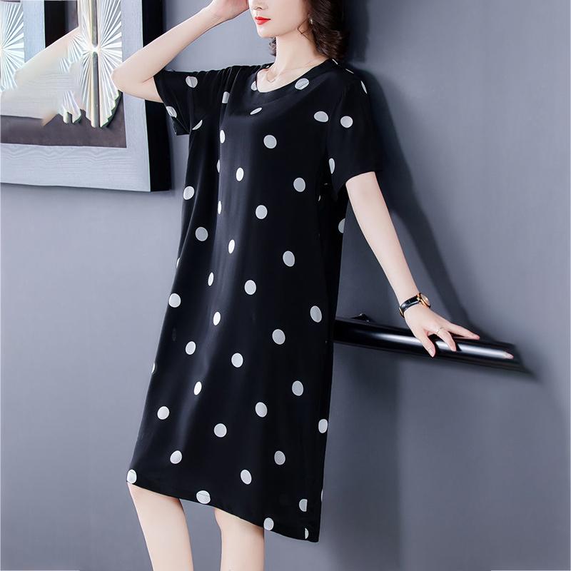 Polka Dot Dress Large Size Women's Short  Sleeve Round Neck Calf Length Daily Homewear