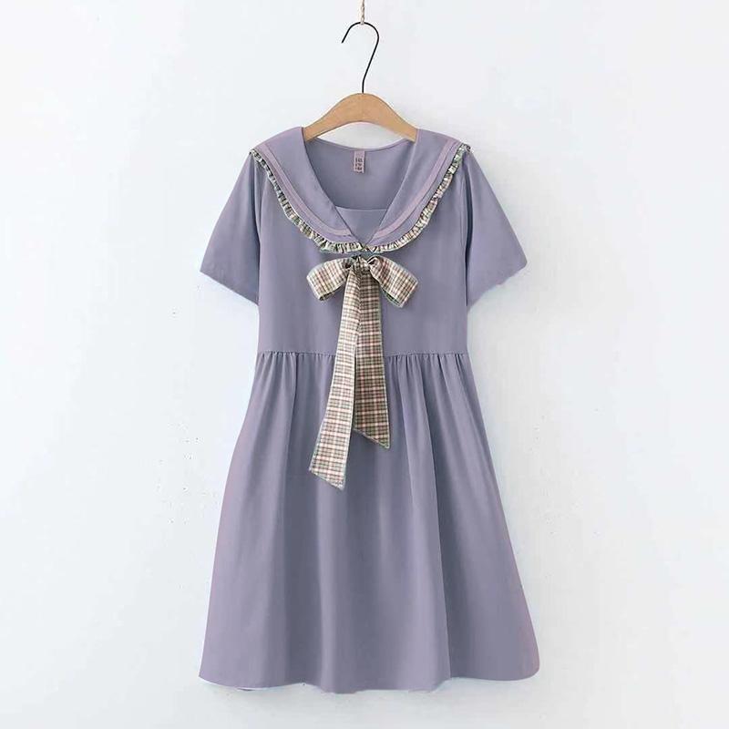 Solid Color Sailor Collar Navy Dress Sweet Bow-knot Girl Retro Style Student Girls Knee-length Dress