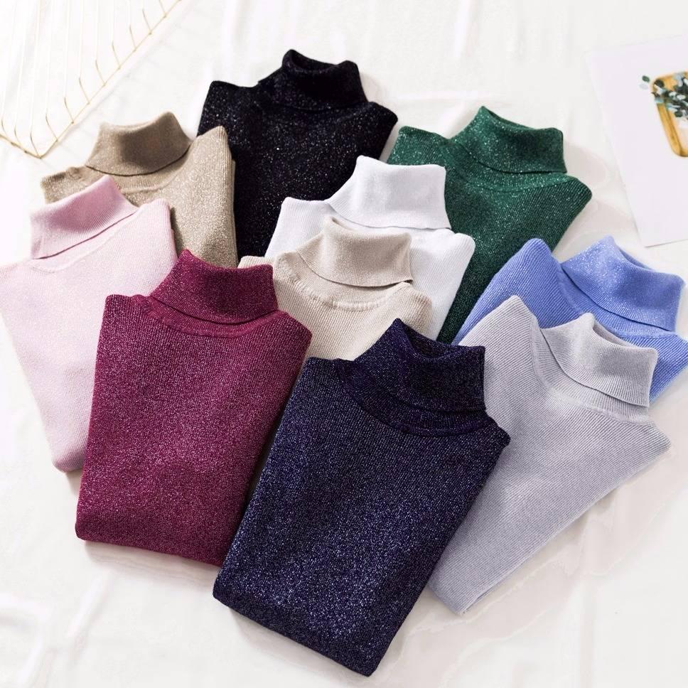Pofulove Sexy Slim Fit Turtleneck Bottoming Knitwear Long Sleeve Skinny Bling Wire Pullover Sweater