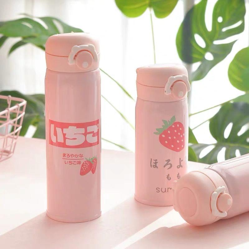 350/500ml Stainless Steel Thermos Coffee Tea Milk Travel Mug Gift Cute Water Bottle Cartoon Strawberry Insulated Vacuum Flask