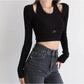Fake Two-piece Hanging Neck Long-sleeved T-shirt Women's Solid Color Short Slim Slim Bottoming Shirt Top