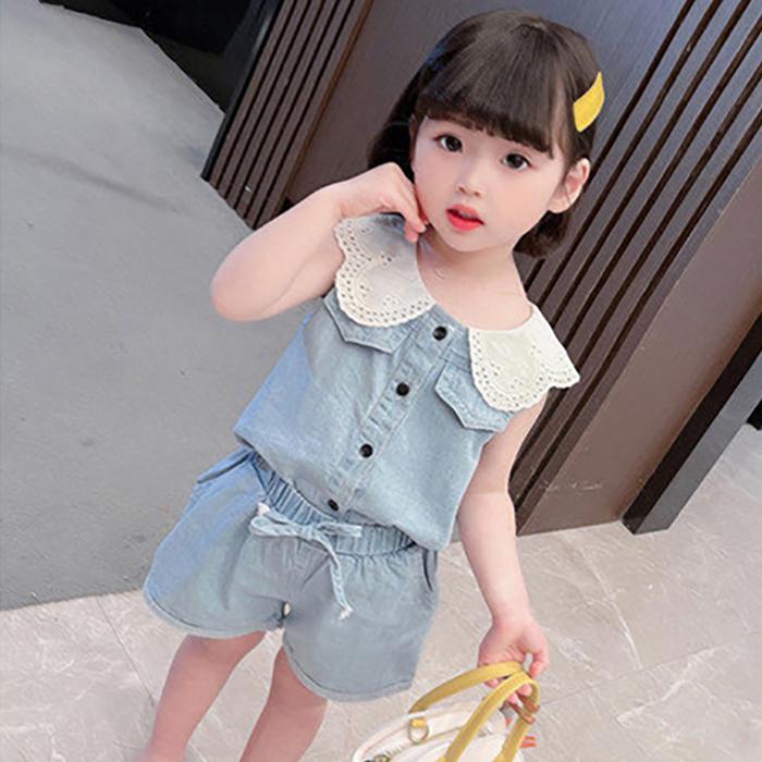 2PCS Children Clothing Set Spring Summer Girls Suits Solid Color Sleeveless Tops + Pants Clothing Set