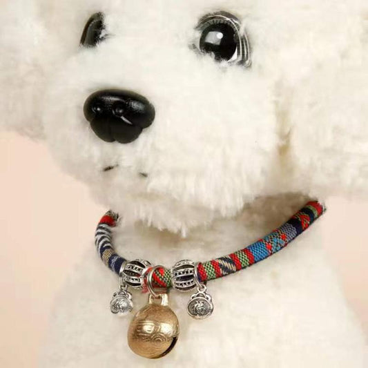 Dog Bell Collar Pet Products Teddy Cat Bell Bohemian Knitted Collar Small and Medium-sized Adjustable Dog Cat Necklace Copper Bell Collar Neck Decor