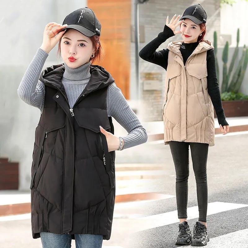 Winter Vest Women's Autumn and Winter Down Cotton Mid-length Hooded Warm Jacket