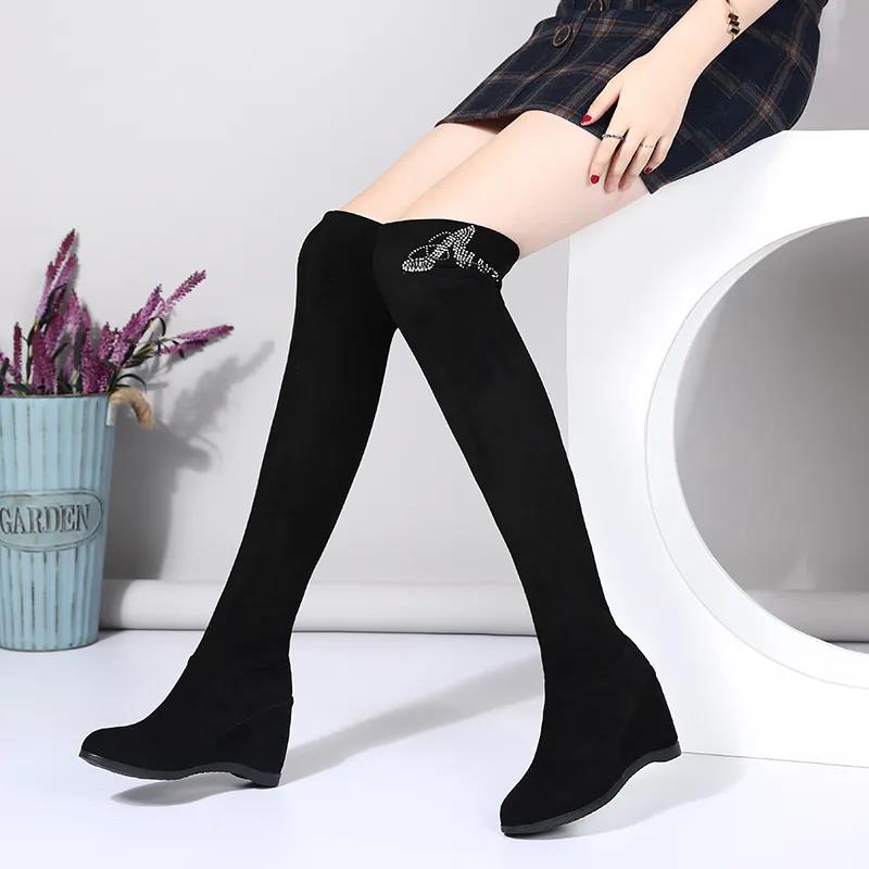 Inner Heightening Over The Knee Women's Boots Boots Dance Stovepipe Stretch Boots Ladies Suede High-heeled Boots