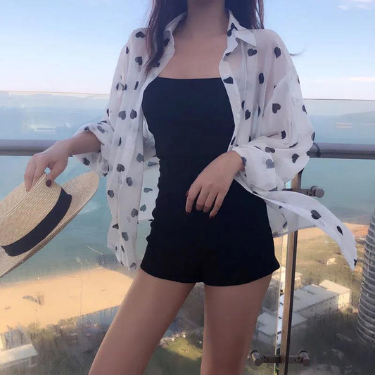 Loose Chiffon Sunscreen Shirt Small Long-sleeved Air Conditioning Cardigan Women Summer Clothing Thin Print Love Ladies Blouses