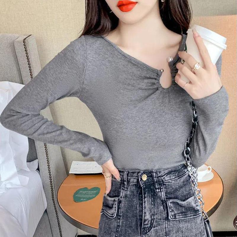 Women's Spring and Autumn Long Sleeve Top Solid Color Slim Fit All-match Bottoming Shirt