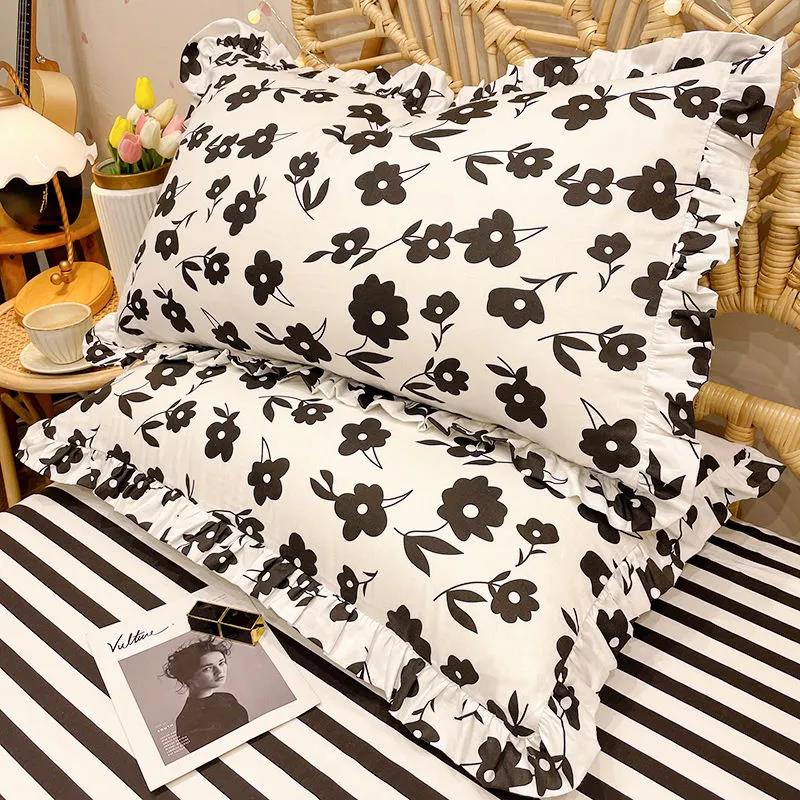 Princess Style Print Pillowcase Korean Style Fashion Lace Soft Pillow Core Cover A Pair of Cotton Pillowcases for Adults