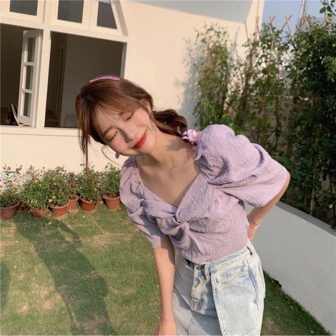Purple Puff Sleeve Shirt Women's Summer Design Sense Retro Short Shirt Pleated French Square Collar Short Sleeve Top