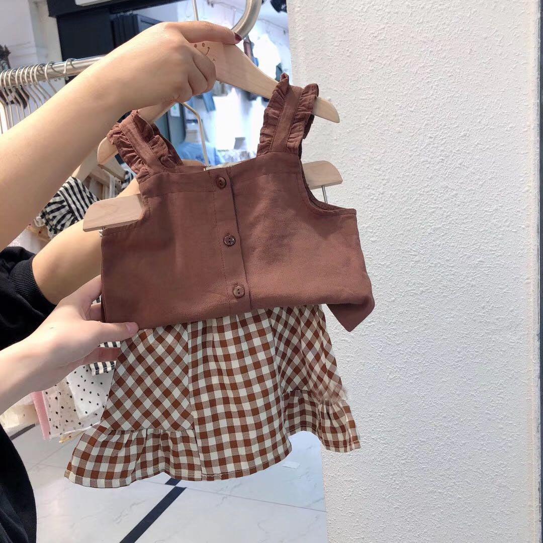 Kids Baby Girl Clothes Set Tops Solid Sleeveless Shirt Crop Plaid A-Line Skirt Summer Casual Outfit Sets Girls 0-2Y