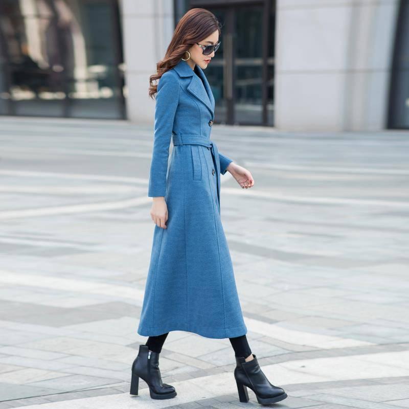 Long Woolen Coat Elegant Blue Wool Jacket with Belt Winter Warm Slim Overcoat Women Clothing