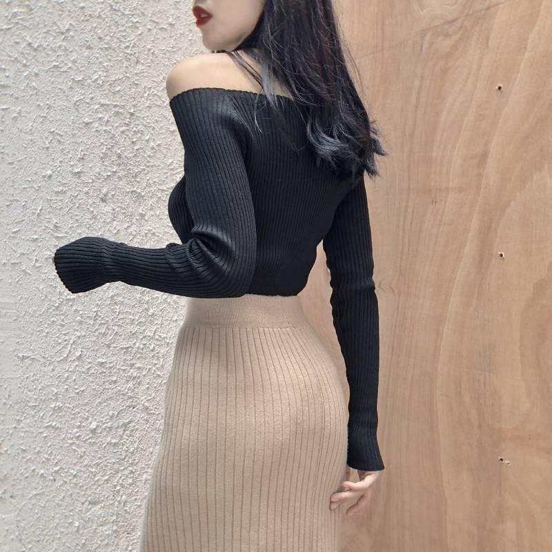 Pofulove Winter Off Shoulder Sweater Pullover V-neck Long Sleeve Knitted Streetwear  Top