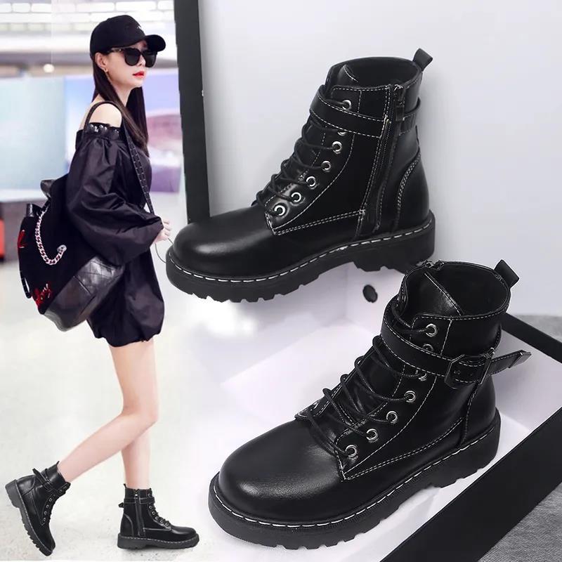 Cool Women's British Style Martin Boots Plush Fleece Boots Winter All-match Flat Motorcycle Boots
