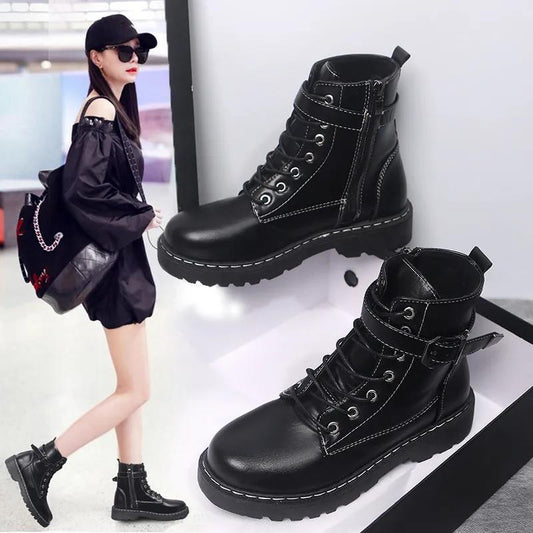 Cool Women's British Style Martin Boots Plush Fleece Boots Winter All-match Flat Motorcycle Boots