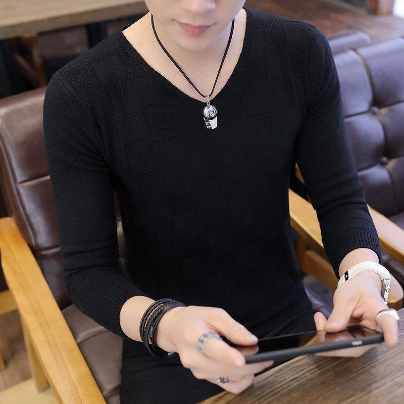 Men's Long-sleeved V-neck Knit Sweater Slim Fit Winter Warm Inner Clothes Solid Color Sweater Bottoming Shirt