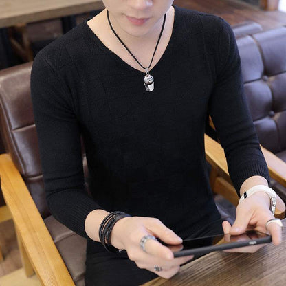 Men's Long-sleeved V-neck Knit Sweater Slim Fit Winter Warm Inner Clothes Solid Color Sweater Bottoming Shirt