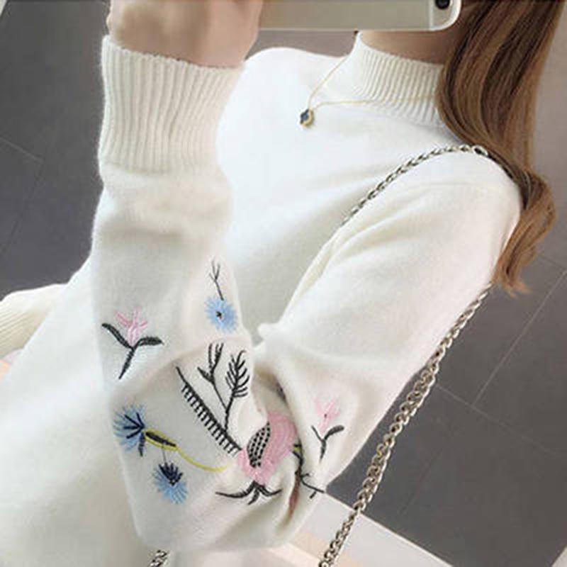 Women pullover Knitted Sleeve Turtleneck Lady yellow Embroidered  Sweaters Top  Loose  Sweater coat