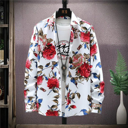 Spring and Autumn Flower Shirt Men's Long Sleeve Slim Lapel Youth Floral Shirt Jacket Thin Top Jacket Shirt