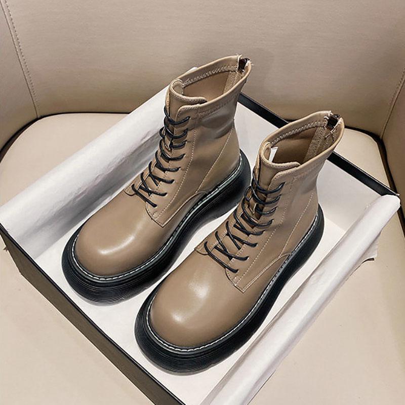 Autumn and Winter Leather Sponge Cake Thick-soled Martin Boots Thin Plush Boots Heightening Short Velvet Boots All-match