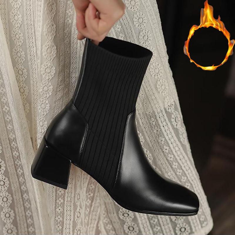 Chelsea Boots Martin Boots Women Autumn and Winter Elastic Boots Leather Snow Boots Plus Velvet Cotton Boots Winter Boots