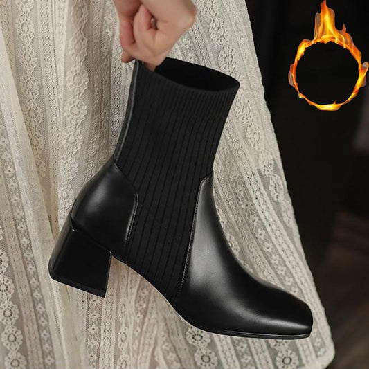 Chelsea Boots Martin Boots Women Autumn and Winter Elastic Boots Leather Snow Boots Plus Velvet Cotton Boots Winter Boots