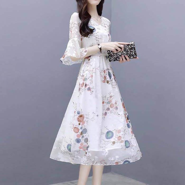 Pofulove Women V-neck White Chiffon Dress Slim Office Lady Sexy Short-sleeved Long A-line Dress