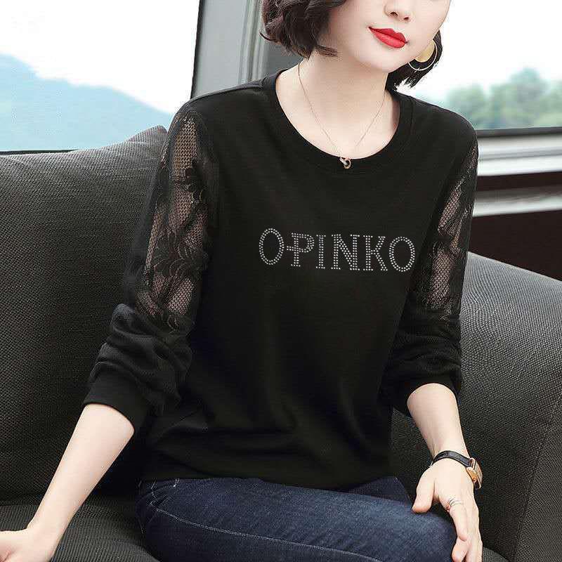 Women Lace Jumper Diamond Print Shirt Casual Loose T-shirt Boutique Bottoming Shirt Long Sleeve Spring