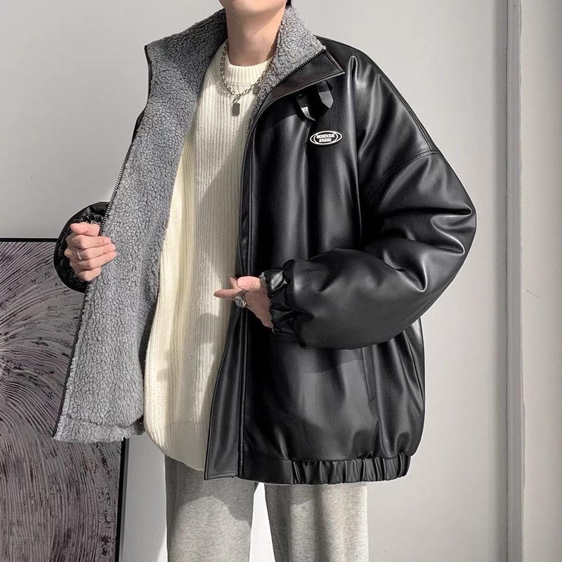 Double-sided Pu Lint Padded Jacket Men's Padded Jacket Plus Velvet Thick Lamb Wool Jacket Autumn and Winter Style Padded Jacket