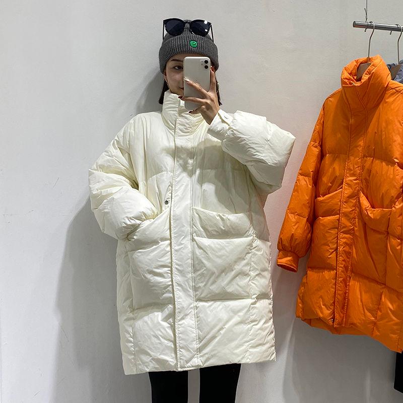 European Fashion Padded Down Jacket Women Winter Mid-length Korean Loose White Duck Down