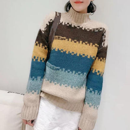 Autumn Winter Rainbow Striped Half High Neck Knitted Pullover Sweater Women Casual Fashion Versatile Loose Lazy Style Top