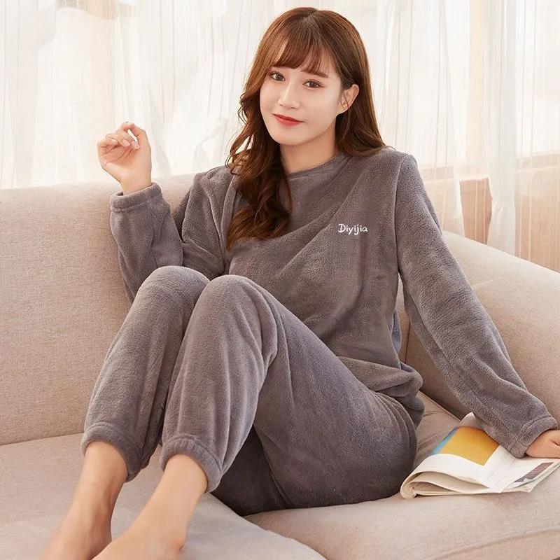 Women's Autumn and Winter Warm Pajamas Set Thickened Coral Velvet Home 2 Pieces Set Solid Color Versatile Loose Casual Long Pants Set