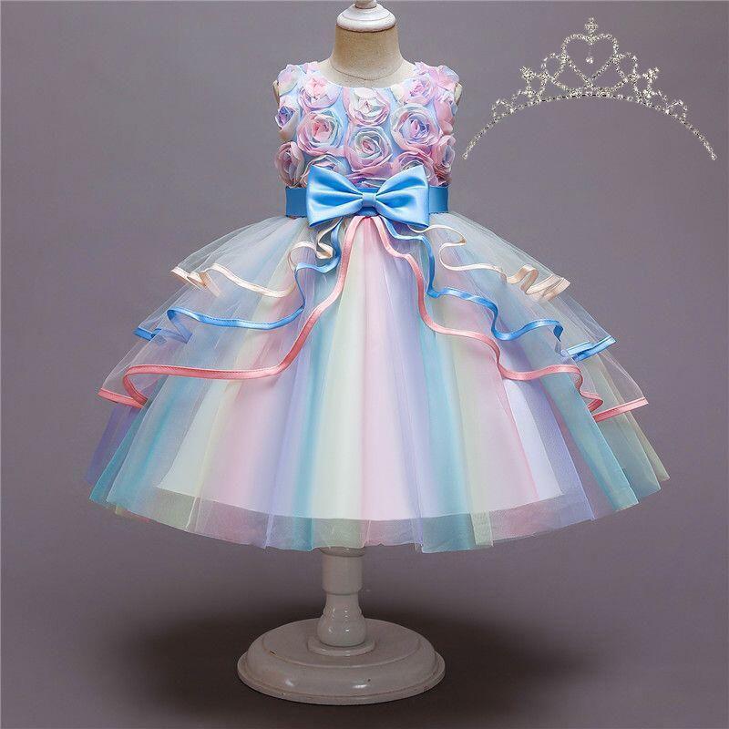 Kids Unicorn Dress for Girls Flower Appliques Gown Little Girl Sleeveless Princess Dresses Elegant Party Costumes Children Clothing