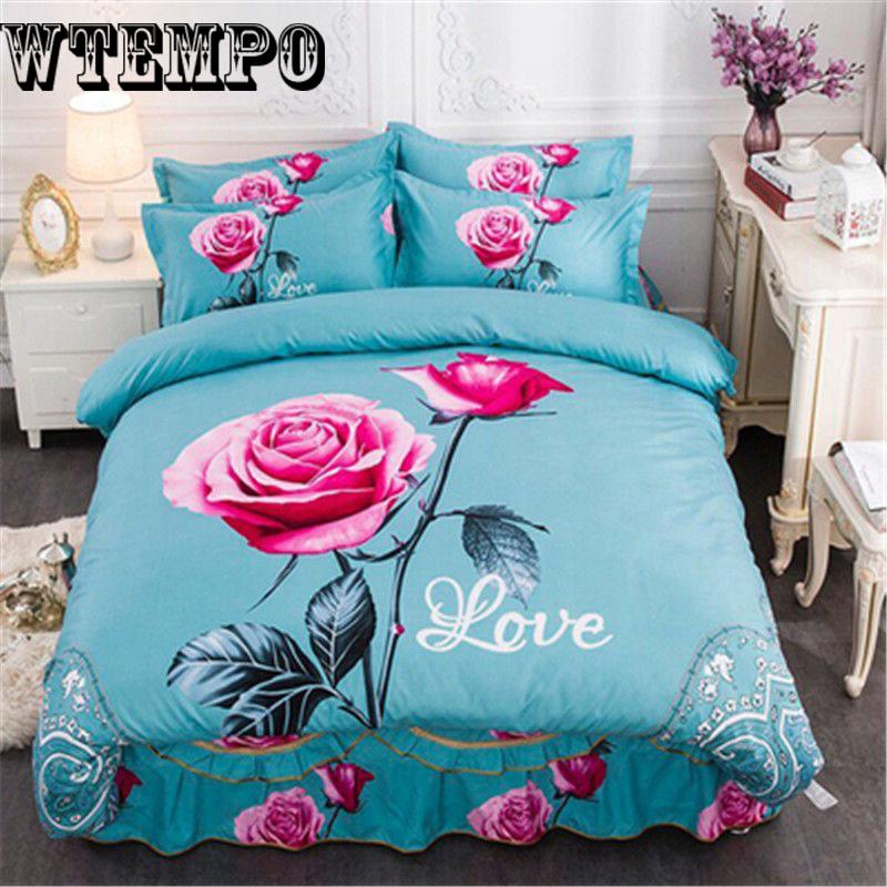 Fashion Bed Skirt Flowers Romantic Twin Queen King Size Cotton Fancy Bedspreads Bedding Set