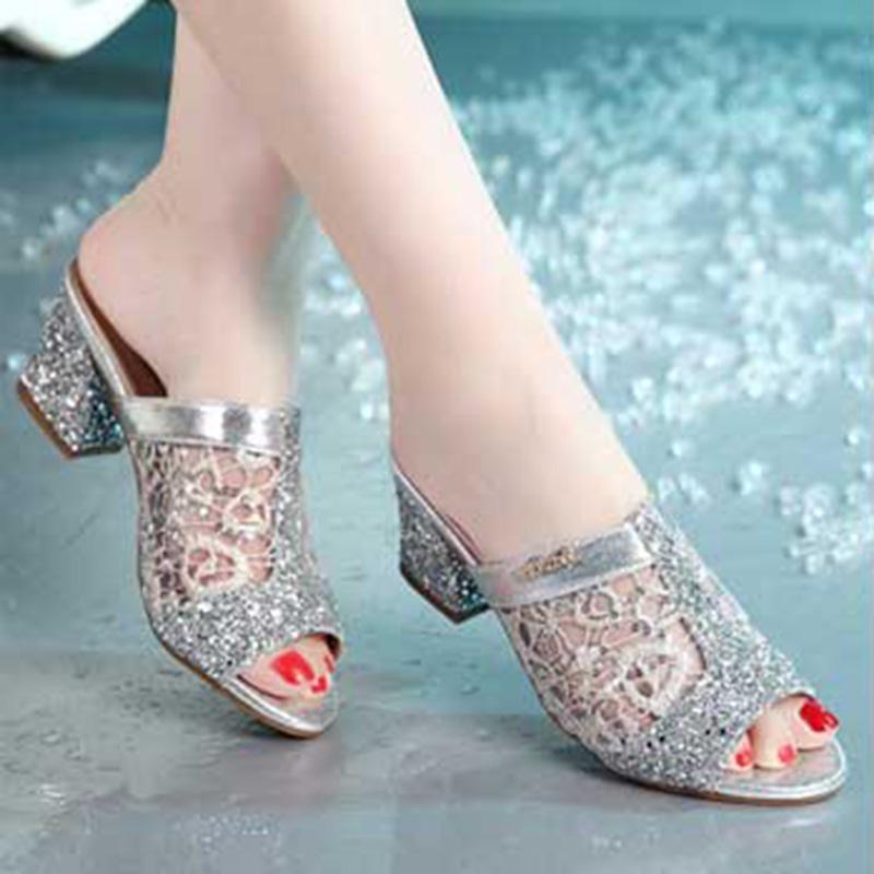 Plus Size 35-40 Women All-match Shiny Slippers Outdoor Diamond High Heels Bohemian Beach Wear-resistant Non-slip Slippers Mesh Sandals