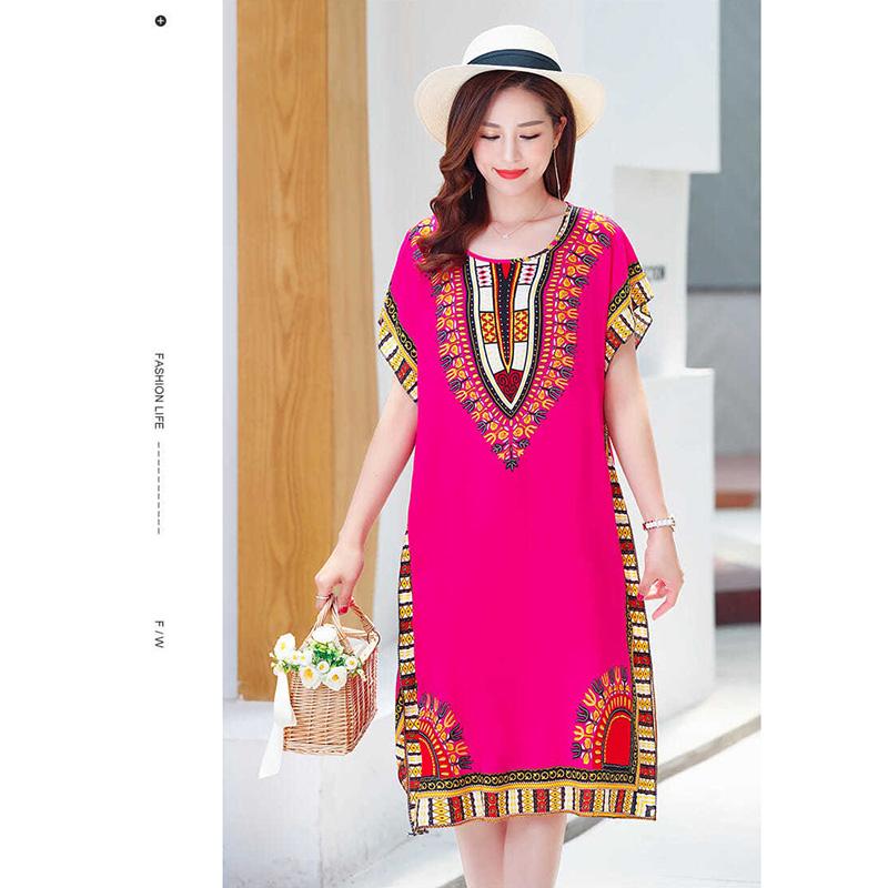Summer Ethnic Print Dress Round Neck Cotton and Linen short  Sleeve Loose Mid-length Vest Skirt Daily Thin