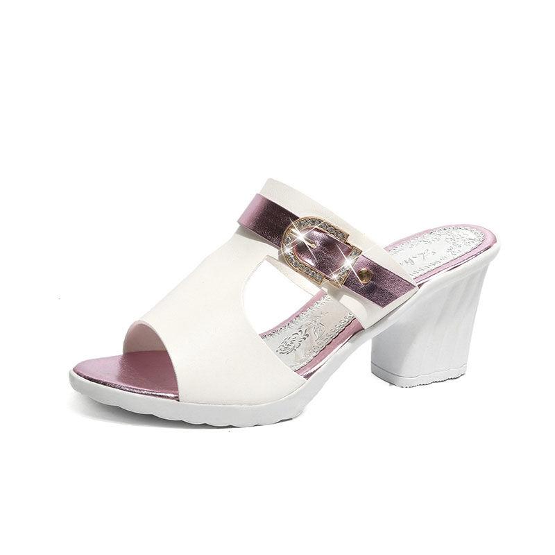 Sandals  Women Summer Korean Style Small Thick Heel High Heels Mid-heel Buckle  All-match Open-toed Women's Shoes