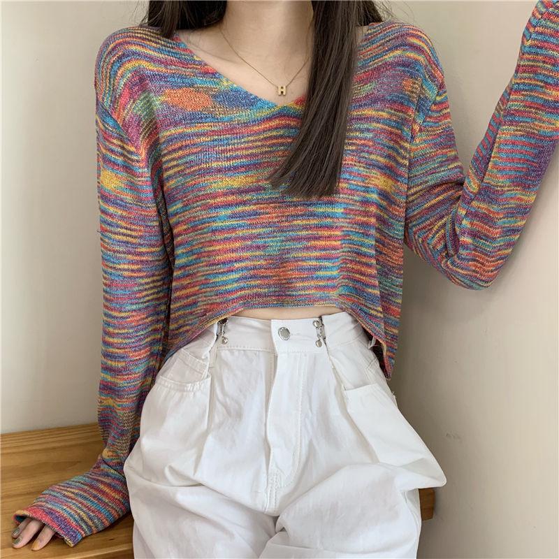 Autumn Rainbow Strip Sweet Sexy V-neck Short Cropped Long-sleeved Sweater Top Women