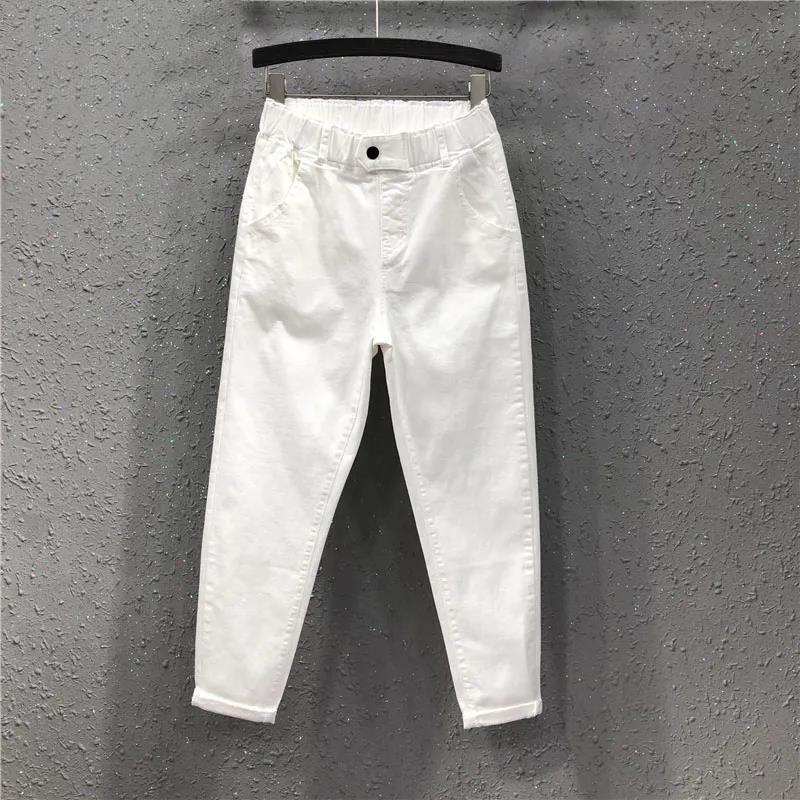 Women's Summer and Autumn Haren Pants All-matched Casual Cotton Denim Pants Elastic Waist Plus Size Solid Color Long Jeans