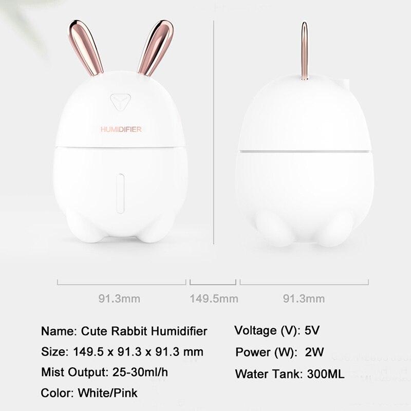 300ML Mini Air Humidifier Cute Rabbit USB Aroma Essential Oil Diffuser Colorful Night Light Car Office Air Purifier Mist Maker