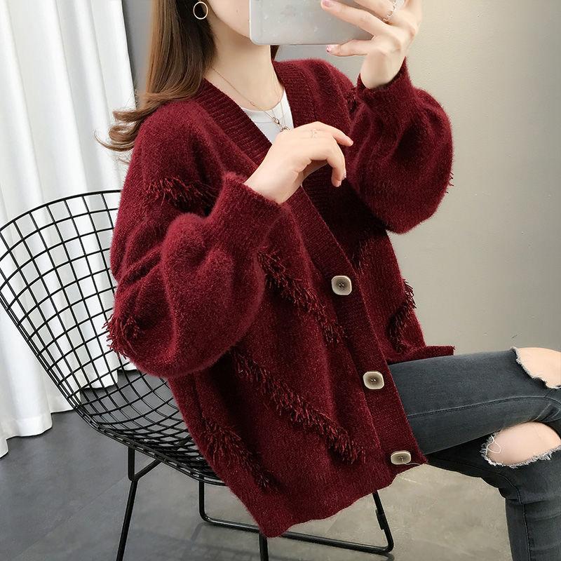 Mink Fleece Solid Color Sweater Coat Loose Knit Cardigan Top V-neck Long-sleeved Warm Sweater Coat Soft and Comfortable