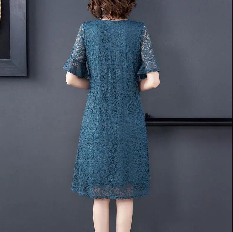 Women's Summer Short Sleeve Midi Dress Lace Loose Round Neck A-Line Skirt