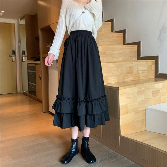 Women Summer Vintage High Waist Slim Casual Long Skirt Elegant Solid Color Lace Pleated Casual Skirt