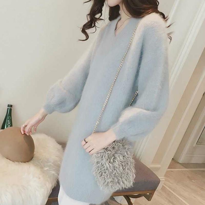 Pofulove long loose knitted base shirt autumn and winter new women's v-neck imitation mink sweater