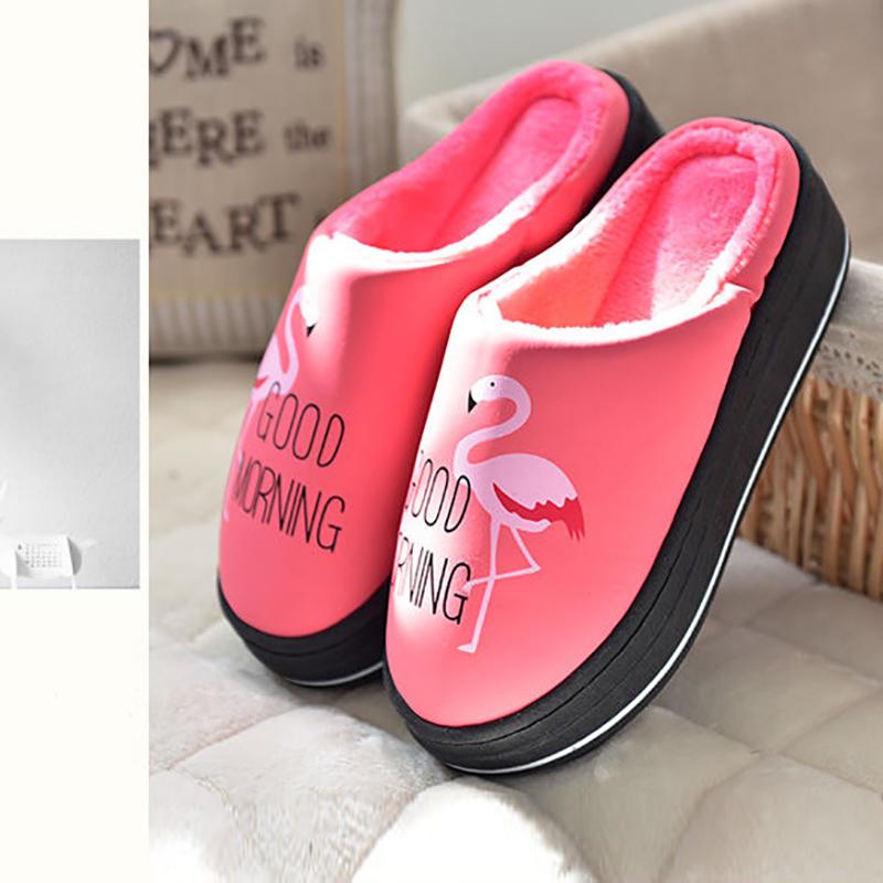 Autumn and Winter Women's PU Leather Waterproof Cotton Slippers Home Plus Velvet High-heeled Thick-soled Non-slip Warm Slippers