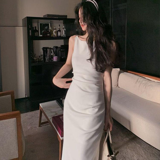 Female One Line Shoulder Elegant Pleated Suspender Dress Slim Buttock Bottom Medium Length Dress