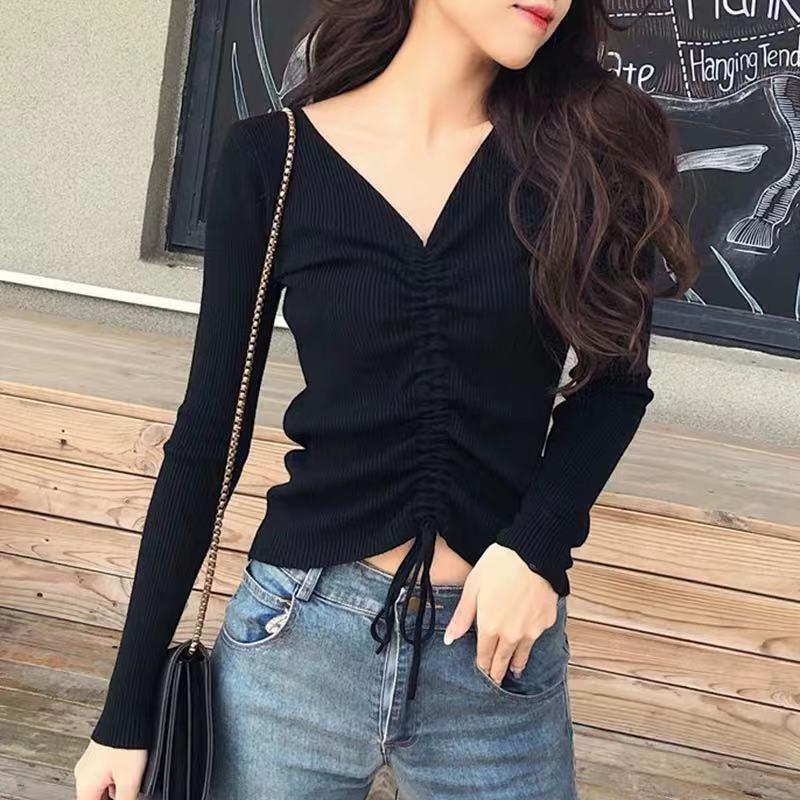 Pofulove Autumn Winter V-neck Slim Joker Long Sleeve Short Sweater Drawstring Knit Sweater Women