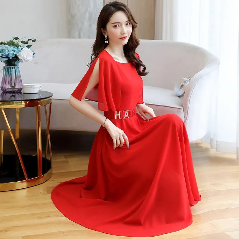 Spring Summer Chiffon Dress Female Short-sleeved Round Neck Mid-length Solid Color Over-the-knee Long Skirt Waist Is Thin